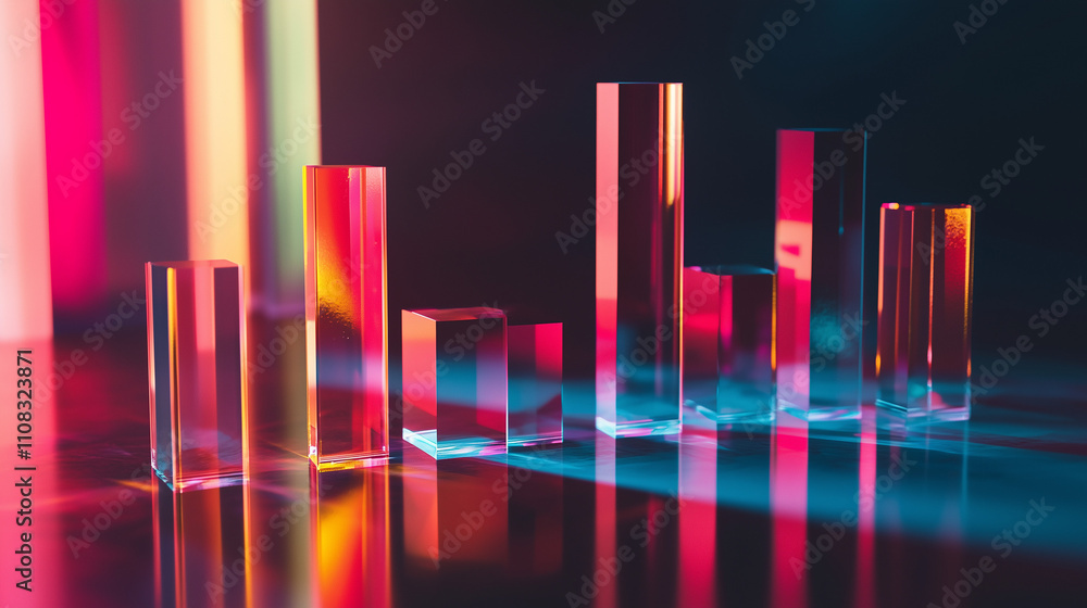 Poster an image showcasing various sized glass prisms illuminated by vibrant neon lights. the prisms cast r