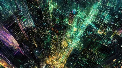 Obraz premium Vibrant Cityscape at Night with Neon Lights and Data Flow