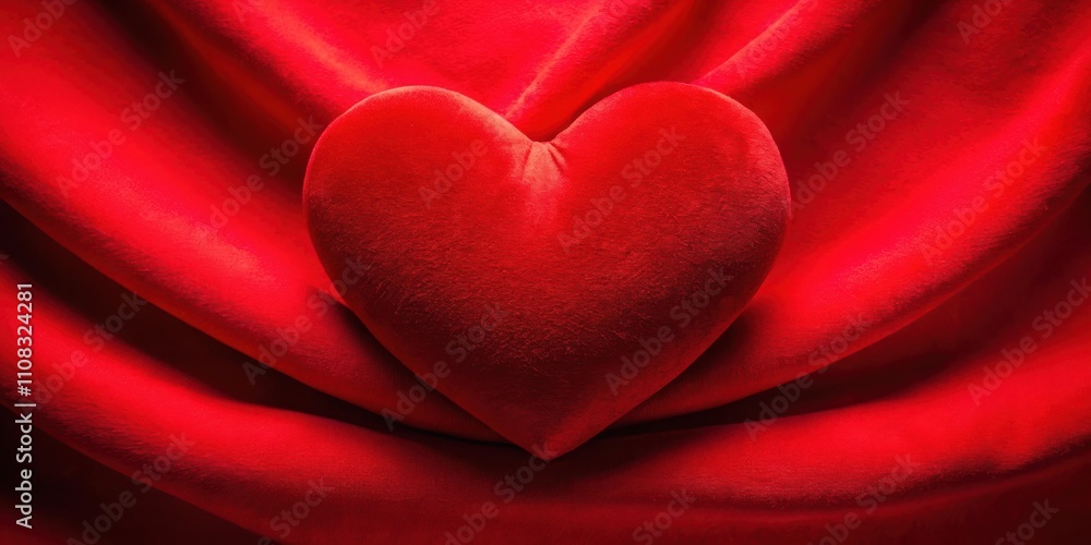 Poster a plush red heart rests upon a bed of crimson fabric, its velvety texture creating a captivating con