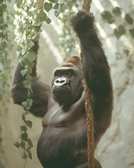 Fototapeta premium Gorilla gripping vine in natural habitat wildlife jungle environment conceptual perspectives on nature