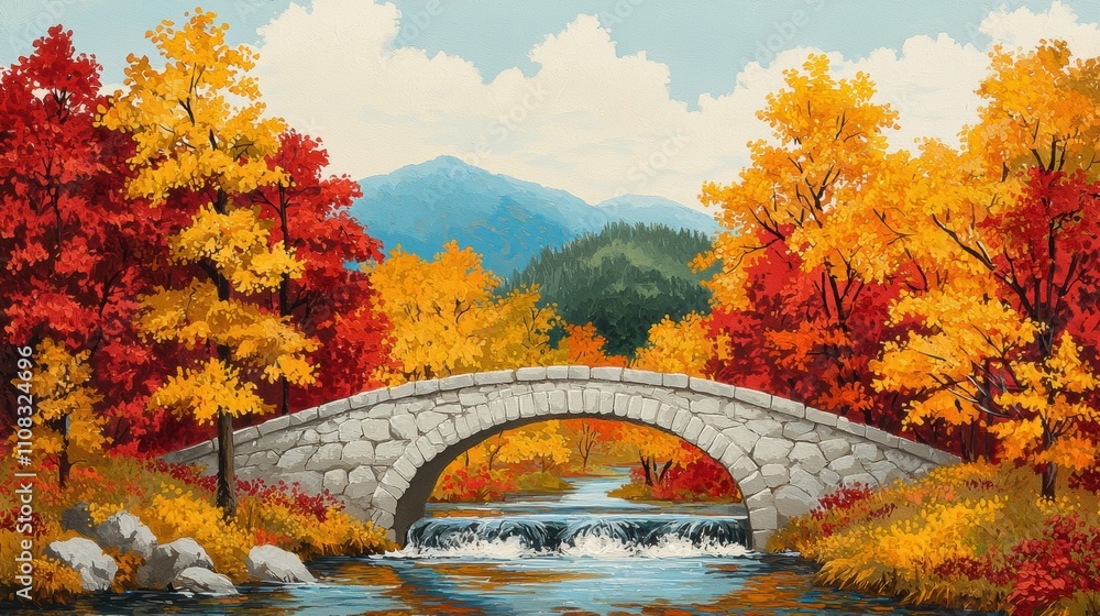 Poster a bridge over a river with a bridge in the foreground