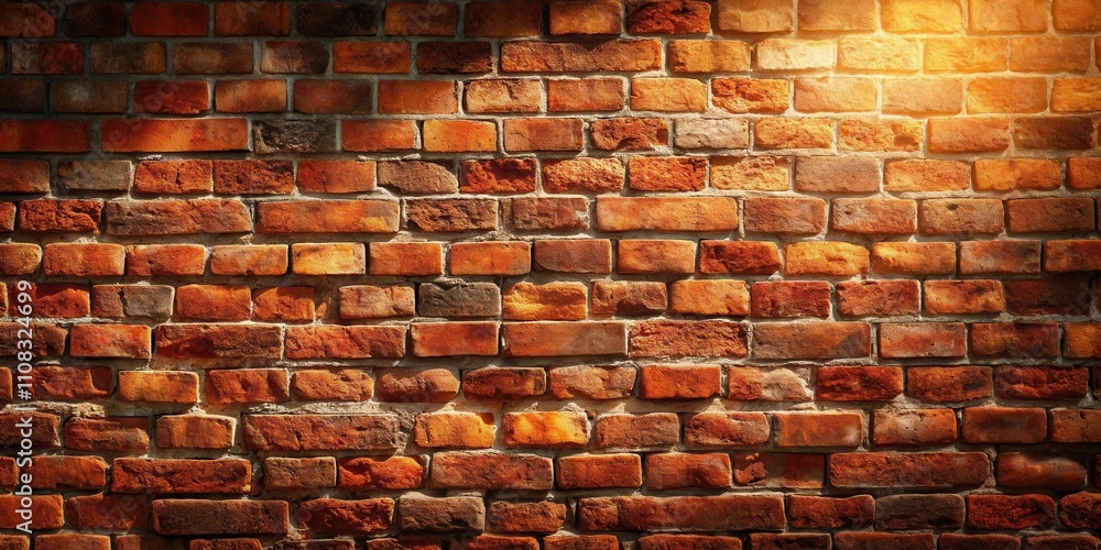 Poster a textured brick wall illuminated by warm sunlight, showcasing a weathered brickwork with a rustic c