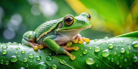 Obraz premium A Vibrant Green Frog Perched on a Dew-Drenched Leaf, Its Striking Yellow Eyes Focused on the Lush Greenery