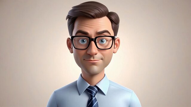 A 3D cartoon man with brown hair, wearing glasses and a blue shirt and tie, looks at the camera with a smile.