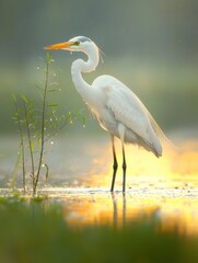 Naklejka premium Heron foraging in a rain-soaked marsh serene nature scene wetlands tranquil environment conceptual wildlife beauty