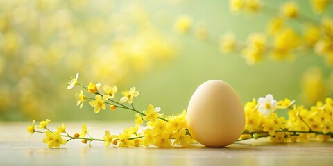A single egg nestled amongst delicate yellow blossoms, a symbol of new life and springtime growth