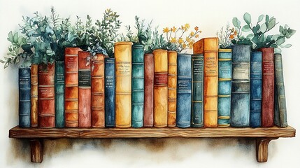 Antique Books Adorned With Greenery On A Wooden Shelf