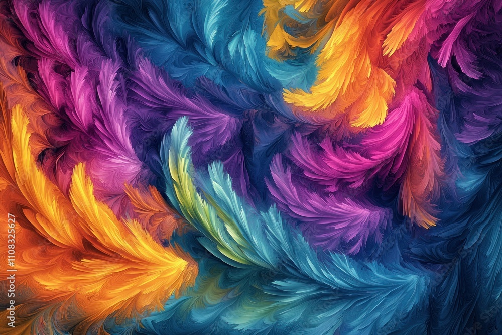 Poster vibrant abstract swirling feathers in bold colors, creating a stunning visual effect. perfect for ba