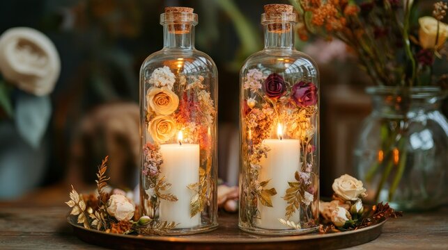  keywords based on common searches related to the image....  Romantic autumn floral candles in glass jars.