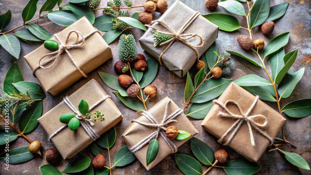 Poster A Rustic Collection of Gifts Wrapped in Brown Paper with Twine and Decorated with Greenery and Nuts
