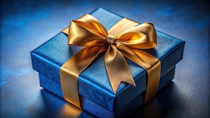 Fototapeta premium A close-up view of a blue gift box with a golden bow on top. The box is sitting on a blue surface, and the light is shining down from above.
