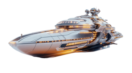 Futuristic spaceship flying in space with transparent background