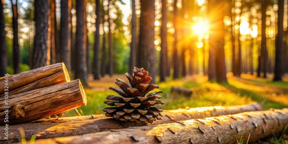 Aufkleber a large pine cone rests on the forest floor, bathed in the warm glow of a setting sun, casting long 