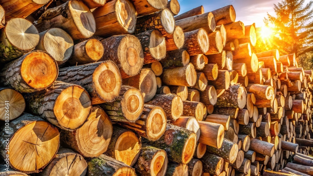 Poster Golden Sunlight Bathes a Stack of Logs in Warm Hues, Creating a Pattern of Circular Shapes and Natural Texture