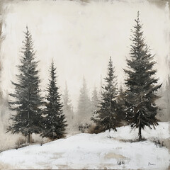 Fototapeta premium Winter trees on snowy landscape, oil painting, art, vintage style