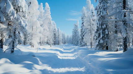 beautiful winter snowy forest with tall pine trees, Karelia  