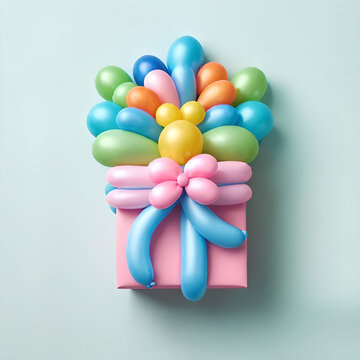 Caja de regalo hecha de coloridos globos. Globoflexia formando una caja de regalo.