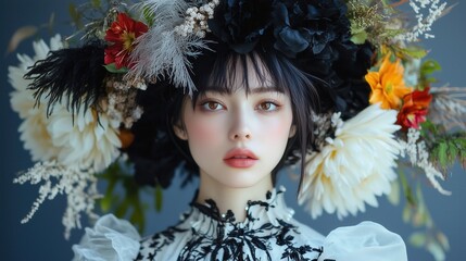 Close-up of a young woman with a floral headdress featuring black, white, and colorful blooms, evoking a whimsical aesthetic