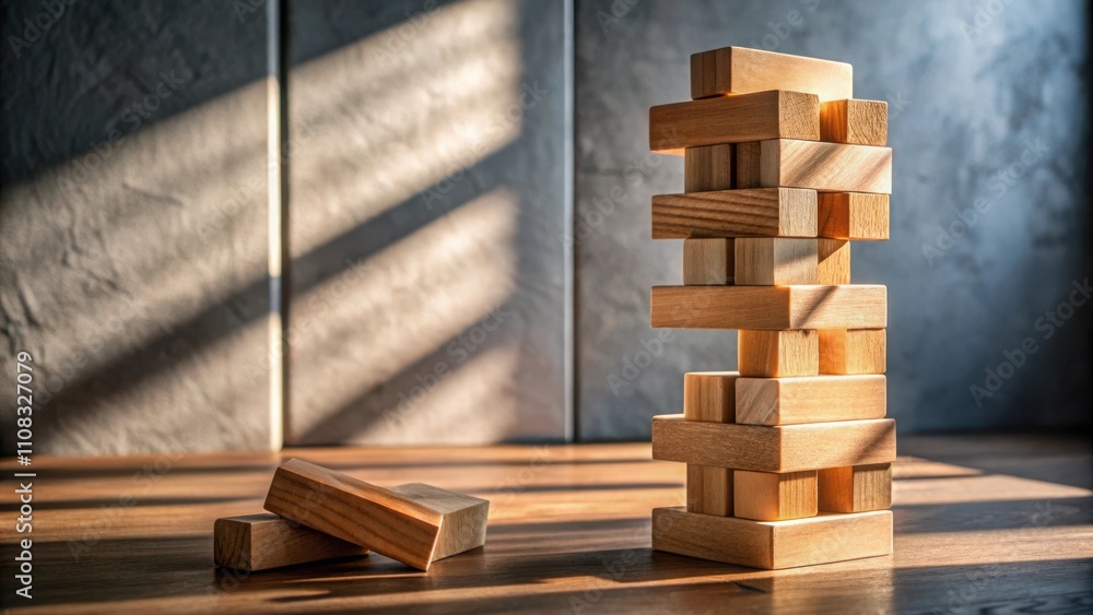 Poster A precarious stack of wooden blocks with sunlight illuminating the surface, representing the fragility of stability