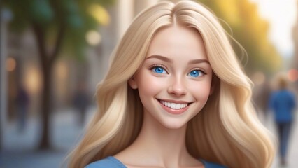 Fototapeta premium Portrait of a beautiful young woman with long blonde hair and blue eyes, smiling in a city setting.