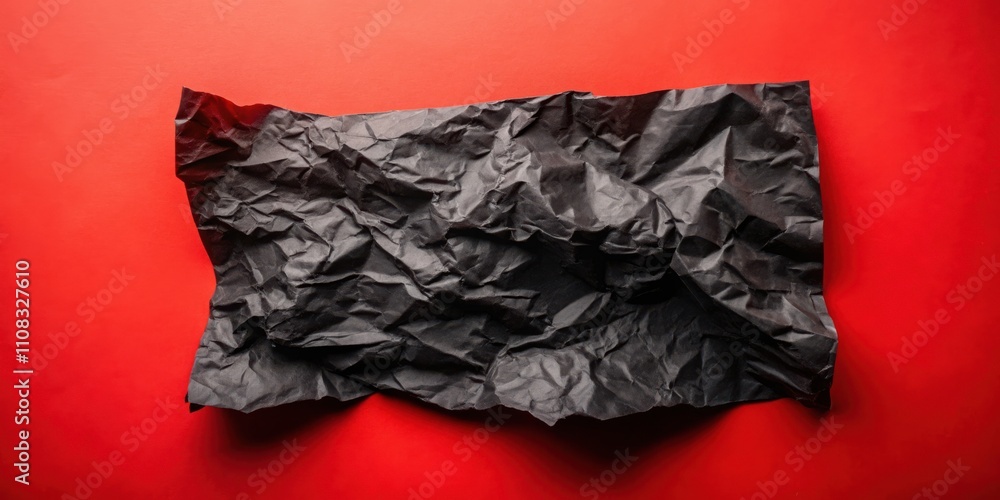 Poster a crumpled sheet of black paper on a red background. the paper is wrinkled and textured. it is a sim