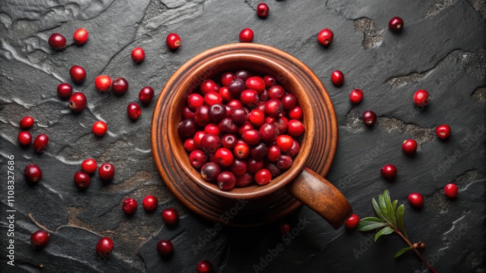 Poster a bowl brimming with vibrant red cranberries scattered on a dark textured surface, a delightful disp