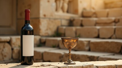 Still Life: Wine Bottle, Bronze Glass, and Ancient Roman Artifact