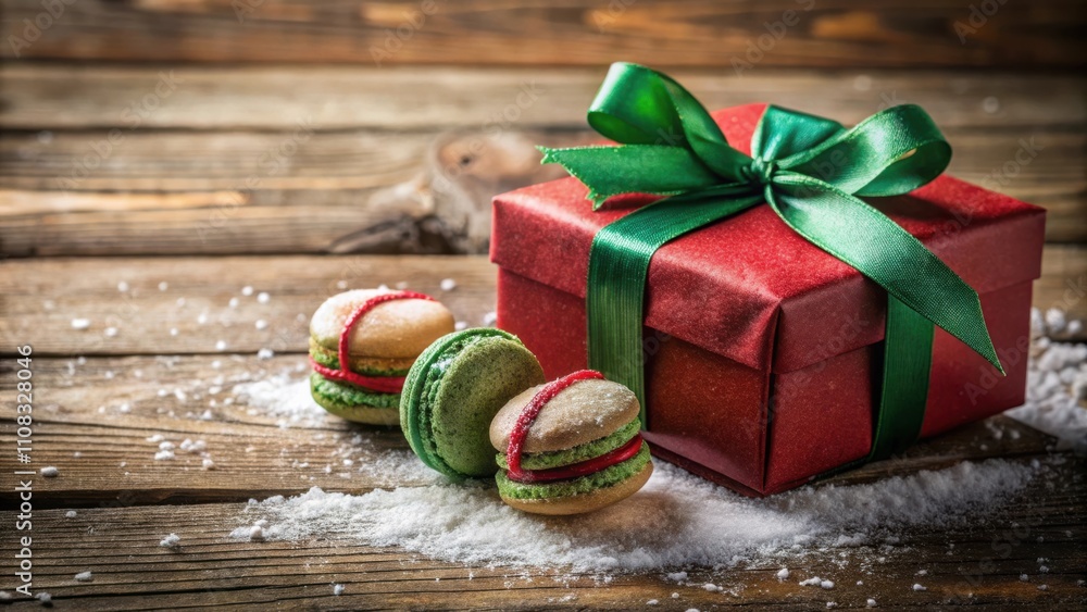 Poster a festive red gift box tied with a green bow decorated with green and beige macarons on a rustic woo