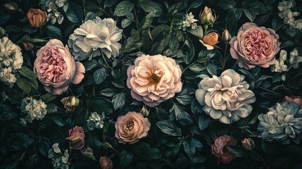 Fototapeta premium Beautiful floral arrangement featuring various roses and peonies in soft pastel colors on a dark background, creating an elegant and romantic atmosphere.