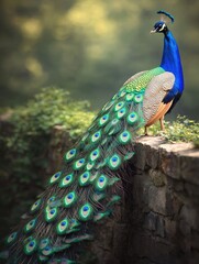 Obraz premium Radiant peacock displaying its beauty on an ancient stone wall in a lush natural environment conceptual art perspective