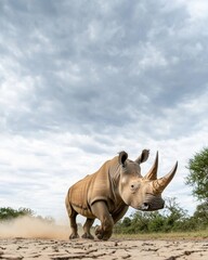 Fototapeta premium Rhinoceros charging across cracked savanna nature scene wildlife dramatic environment conceptual action