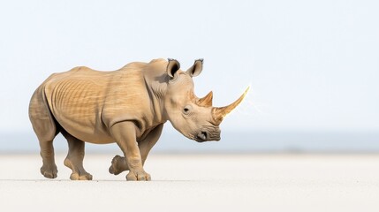 Fototapeta premium Rhinoceros walking through a blank white space conceptual art minimalist environment animal behavior study