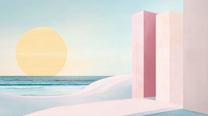 Fototapeta premium Pastel Beach Minimalist Abstract Scene, Calm Ocean Sunset