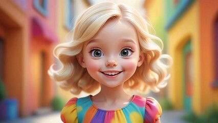 Fototapeta premium A close-up portrait of a happy little girl with blonde curls and bright eyes. She is wearing a colorful polka dot dress. The background is a colorful street.