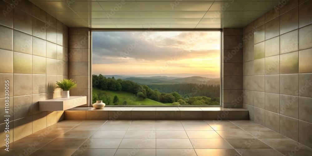 Poster a spacious room with large window offering a breathtaking view of rolling hills and lush greenery at
