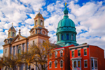 Obraz premium Harrisburg City Downtown Historic District Landscape with Churches and Landmark Buildings in Pennsylvania, United States