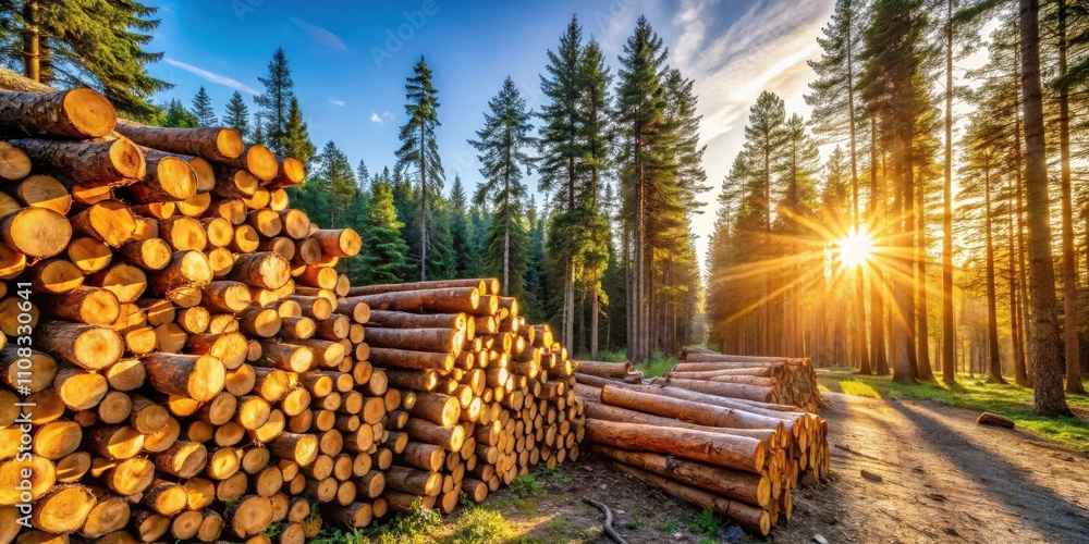 Poster A towering pile of stacked logs bathed in the warm golden glow of a setting sun, surrounded by a forest of tall evergreen trees casting long shadows across the forest floor.