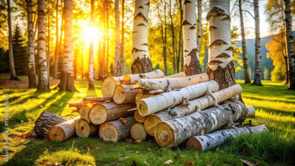 Aufkleber a stack of birch logs rests in a forest clearing as the sun shines through the trees casting long sh
