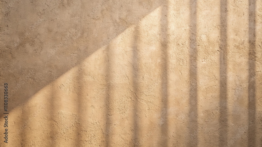 Poster a textured beige wall with parallel lines of light cast by the sun, creating a subtle and ethereal p