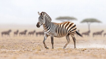 Obraz premium Zebra leading herd across dusty savanna wildlife action nature documentary open environment close-up view conceptual leadership