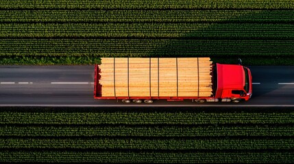 A red truck is driving down a road with a large amount of wood on the back