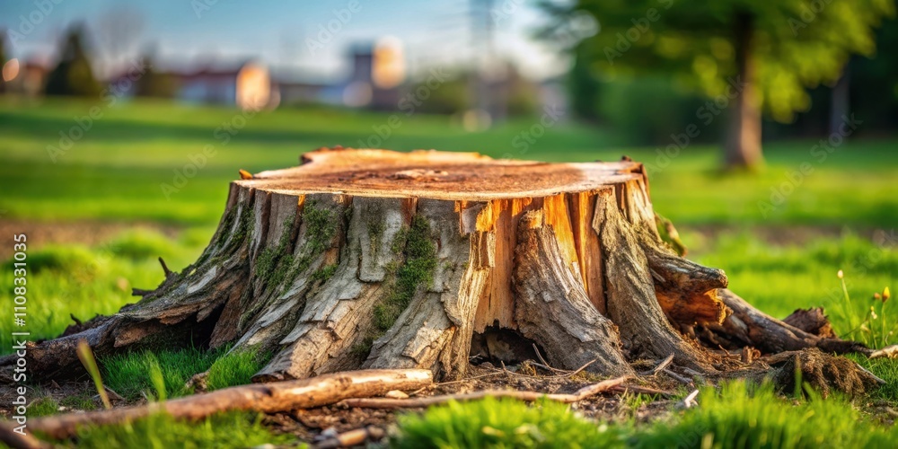 Poster a weathered tree stump in a grassy field, sunlight highlighting its rough texture and the green moss