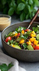 Fresh vegetable salad with lentils and mango served in a bowl with dressing on the side