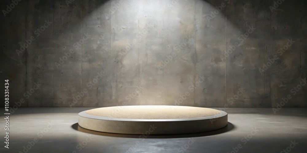 Poster a minimalist concrete pedestal bathed in a single spotlight, inviting the viewer to envision its pot
