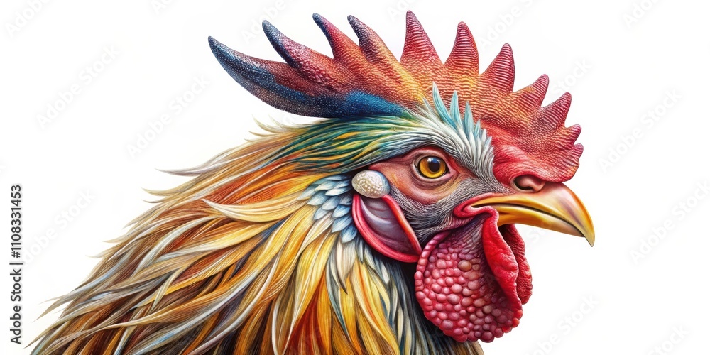 Poster a close-up of a rooster's head, showcasing a vibrant and intricate arrangement of colorful feathers,