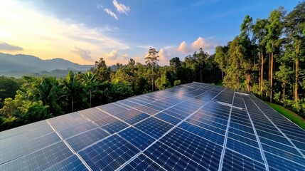 A Stunning Aerial View of Solar Panels Amidst Lush Green Forest and Rolling Hills at Sunrise, Showcasing Renewable Energy and Sustainable Living