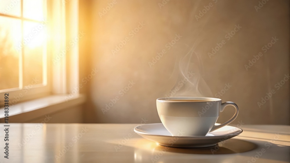 Poster A cup of steaming hot coffee sits on a table next to a window with sunlight streaming through it.