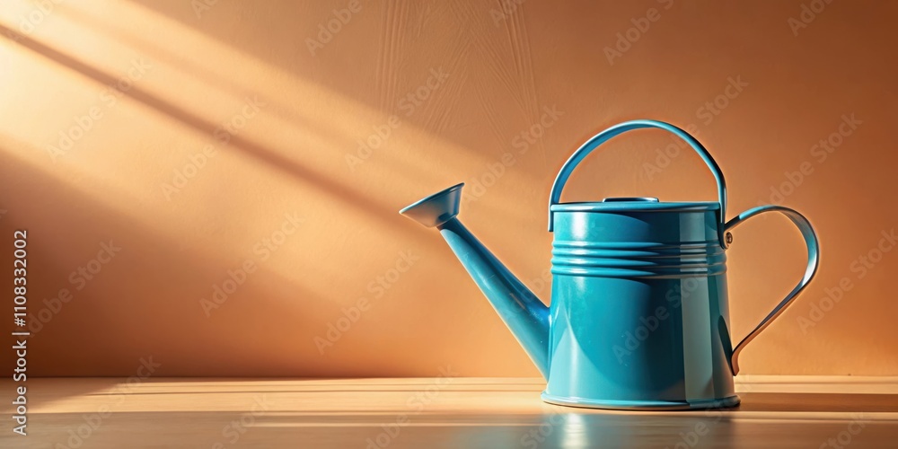 Aufkleber a blue watering can rests on a wooden table, basking in the warm glow of sunlight streaming through 