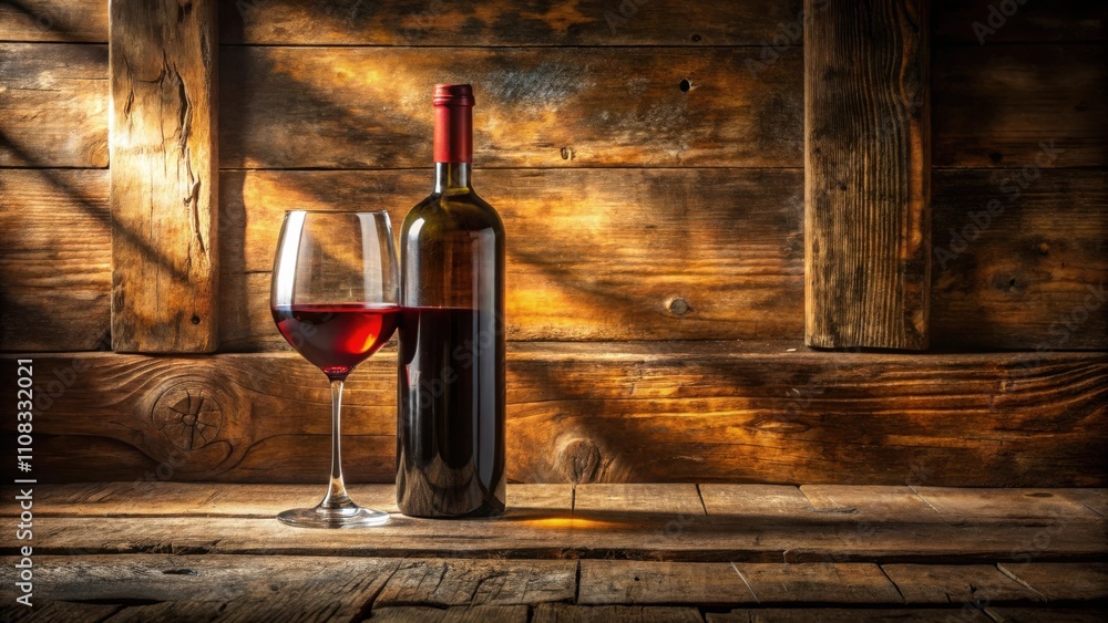 Poster A single glass of red wine and a bottle of red wine on a rustic wooden table with sunlight streaming in from the window