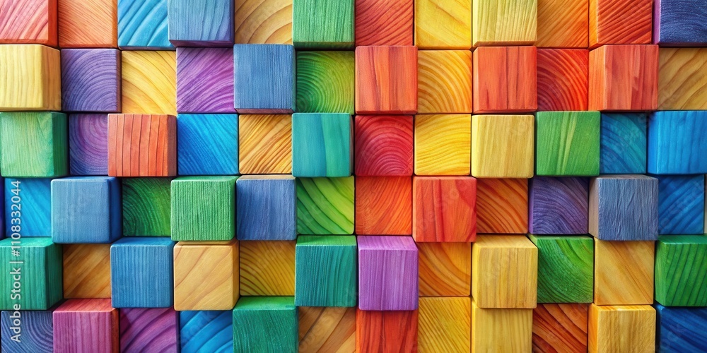 Poster a colorful arrangement of wooden blocks with intricate grain patterns, showcasing a variety of vibra